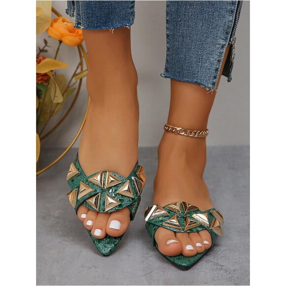 Women's Casual Outdoor Open Toe Gold Metal PU Leather Single Band Flat Sandals - Picture 2 of 5